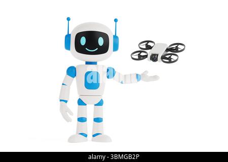 Modern Technology Exploration Concept. Friendly Ai Robot Controlling Small Camera Drone On White Background. 3d Rendering Stock Photo