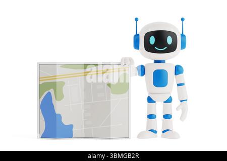 Navigation Technology Concept. Smiling AI Robot Holding City Map On White Background. 3d Rendering Stock Photo