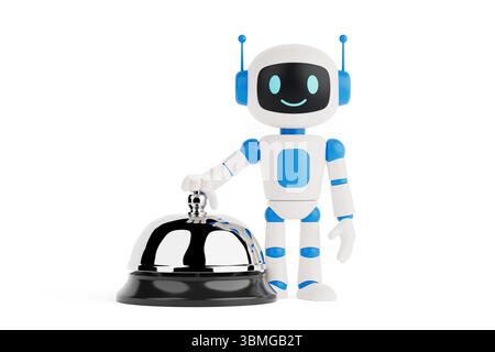 Customer Support Automation Concept. Friendly AI Robot Pressing Service Bell On White Background. 3d Rendering Stock Photo