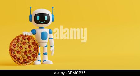 Artificial Intelligence In Food Delivery Concept. Cute AI Robot Holding Tasty Pepperoni Pizza On Yellow Background. 3d Rendering Stock Photo
