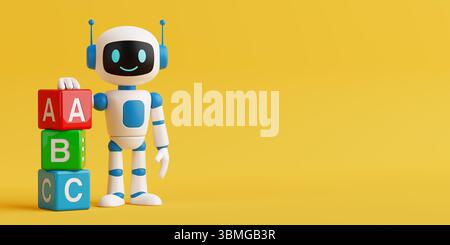 AI Education For Children Concept. Cute AI Robot Standing Next To Colorful Alphabet Blocks On Yellow Background. 3d Rendering Stock Photo
