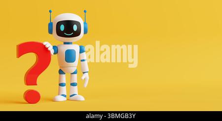 AI Assistance And Decision Support. Cute Humanoid AI Robot Holding Red Question Mark On Yellow Background. 3d Rendering Stock Photo