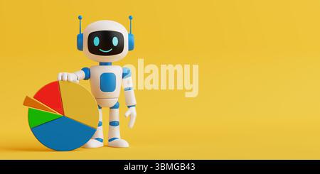 Data Analytics Concept. Cute Smiling AI Robot Standing Next To Colorful Pie Chart On Yellow Background. 3d Rendering Stock Photo