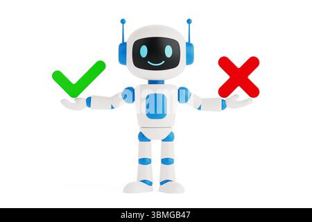 Decision Making Concept. Cute Smiling AI Robot Holding Check Mark And Cross On Vibrant White Background. 3d Rendering Stock Photo