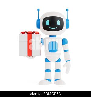 Artificial Intelligence Gift Giving Concept. Smiling AI Robot Holding Gift Box On Vibrant White Background. 3d Rendering Stock Photo