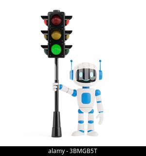 Safety And Navigation Concept. Cute Friendly AI Robot Mascot Standing With Traffic Light On White Background. 3d Rendering Stock Photo
