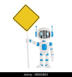 Technology And Caution Concept. Cute Friendly AI Robot Mascot Holding Blank Warning Road Sign On White Background. 3d Rendering Stock Photo