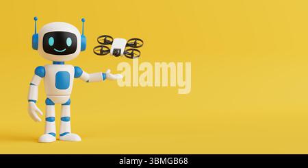 Modern Technology Exploration Concept. Friendly Ai Robot Controlling Small Camera Drone On Yellow Background. 3d Rendering Stock Photo