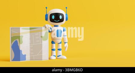 Navigation Technology Concept. Smiling AI Robot Holding City Map On Yellow Background. 3d Rendering Stock Photo