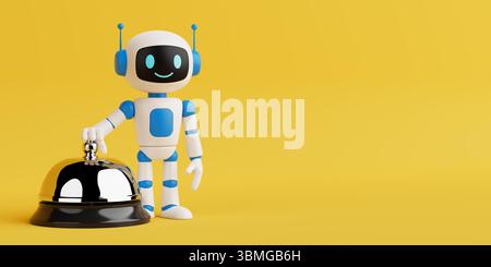 Customer Support Automation Concept. Friendly AI Robot Pressing Service Bell On Yellow Background. 3d Rendering Stock Photo