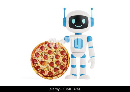 Artificial Intelligence In Food Delivery Concept. Cute AI Robot Holding Tasty Pepperoni Pizza On White Background. 3d Rendering Stock Photo