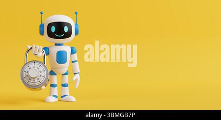 Cybersecurity And AI Protection Concept. Friendly AI Robot Holding Padlock On Bright Yellow Background. 3d Rendering Stock Photo