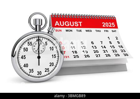 2025 Year August Calendar with Stopwatch on a white background. 3d rendering Stock Photo