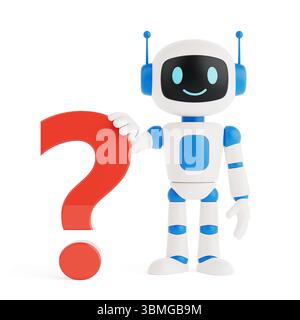 AI Assistance And Decision Support. Cute Humanoid AI Robot Holding Red Question Mark On White Background. 3d Rendering Stock Photo