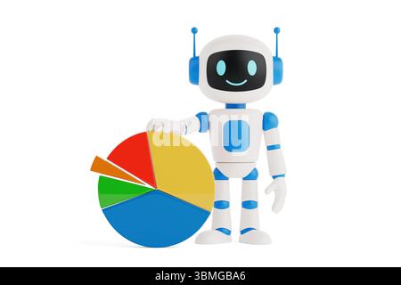 Data Analytics Concept. Cute Smiling AI Robot Standing Next To Colorful Pie Chart On White Background. 3d Rendering Stock Photo