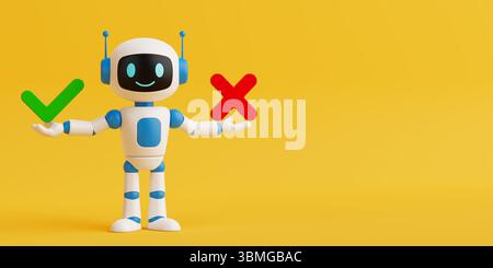 Decision Making Concept. Cute Smiling AI Robot Holding Check Mark And Cross On Vibrant Yellow Background. 3d Rendering Stock Photo