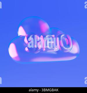 Search Optimization Concept In Digital Cloud. Glossy Glass SEO Letters On Transparent Cloud Shape in Neon Light Over Blue Background. 3d Rendering Stock Photo