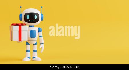 Artificial Intelligence Gift Giving Concept. Smiling AI Robot Holding Gift Box On Vibrant Yellow Background. 3d Rendering Stock Photo