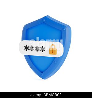Cybersecurity And Privacy Concept. Blue Shield With Password Field And Lock Icon On White Background. 3d Rendering Stock Photo