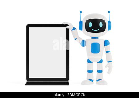 Technology And Communication Concept. Cute Friendly AI Robot Mascot Standing With Blank Digital LCD Display On White Background. 3d Rendering Stock Photo