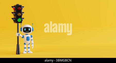 Safety And Navigation Concept. Cute Friendly AI Robot Mascot Standing With Traffic Light On Yellow Background. 3d Rendering Stock Photo