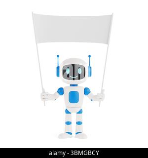 Communication And Message Concept. Cute Friendly AI Robot Mascot Holding Blank Banner White Flag On White Background. 3d Rendering Stock Photo