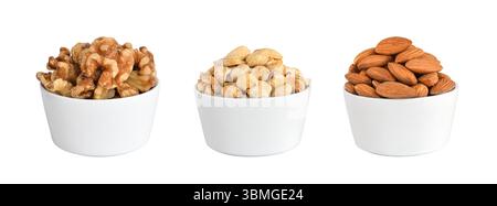 Group of walnuts, peanuts and almond nuts in white bowl isolated cutout on white background Stock Photo