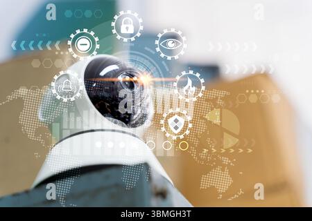 High-tech smart camera with futuristic digital overlay icons representing cybersecurity, surveillance, data protection, smart monitoring, global techn Stock Photo