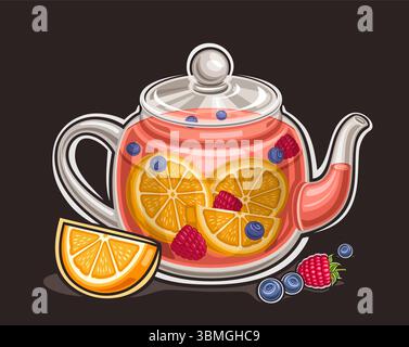 Vector logo for Fruit Tea, horizontal poster with cartoon design traditional tea composition with orange pieces and whole berries, decorative placard Stock Vector