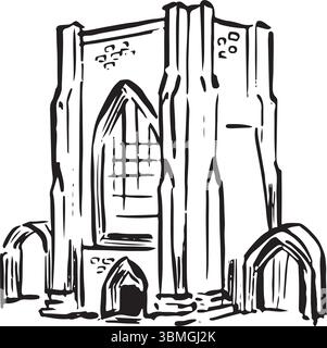 Beauchief Abbey, Sheffield, England black and white ink sketch. Historic medieval monastery with picturesque stone ruins and rich heritage. Tourism Stock Vector