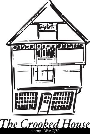 The Crooked House, Canterbury, England black and white ink sketch. Distinctive 17th-century timber-framed building with a dramatically tilted façade. Stock Vector