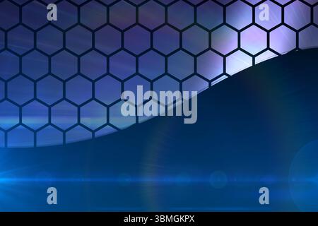 Abstract flat design honeycomb grid forming wave across blue gradient with glowing light flares Stock Photo