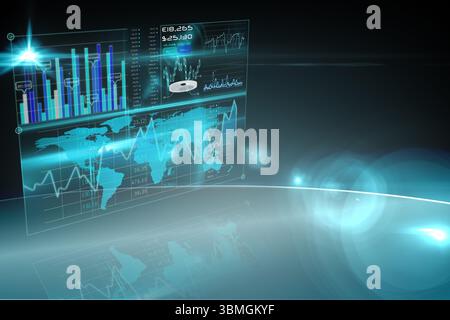 3D-render holographic dashboard is floating over floor in void, showing charts, gauges and data Stock Photo