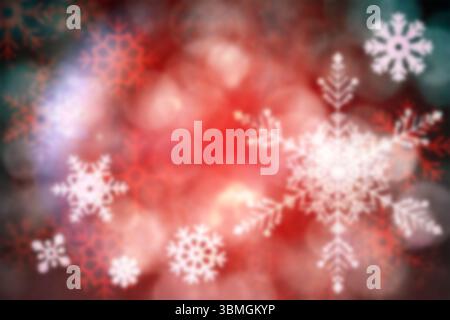 Flat design abstract winter graphic showing large ornate white snowflake with red green bokeh Stock Photo