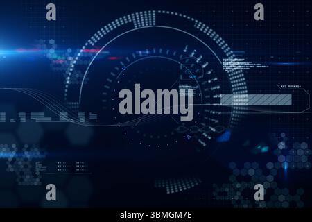 Flat design interface is showing circular HUD over blue grid with hex clusters and waveform lines Stock Photo