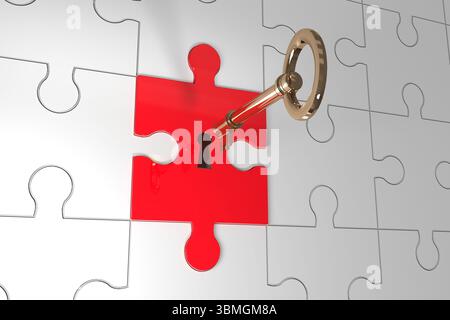 Red puzzle piece with keyhole is showcasing gold key on glossy white puzzle in 3D render Stock Photo