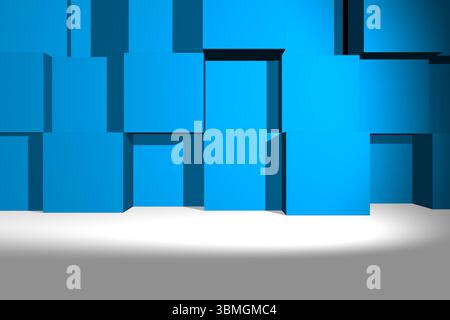 Staggered blue cubes are being shown in abstract 3D studio design with white floor shadows Stock Photo
