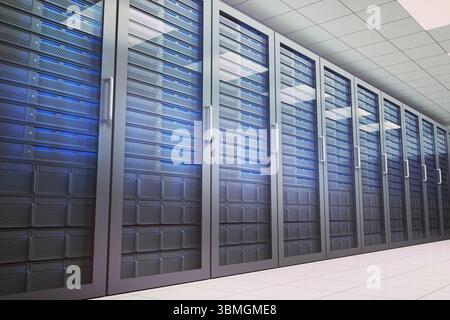 metal server cabinets are lining corridor 3D render showing glass doors and glowing blue lights Stock Photo