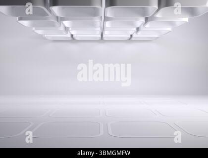 3D render is displaying suspended square panels in minimalist room with recessed floor outlines Stock Photo