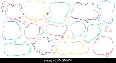 Crayon style hand drawn speech bubbles and talk clouds for text. Cute pastel dialog frames and doodle balloons for kids. Chalk line cartoon boxes with Stock Vector
