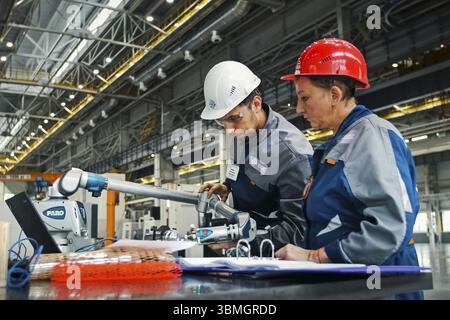 Moscow, Russia - January 23, 2019: The machine's control desk. Equipment management Stock Photo
