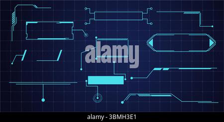 Callout title box frame hud template. Text block, border tech ui element. Game menu, banner line minimal modern futuristic. Interface with space for text. Vector illustration Stock Vector
