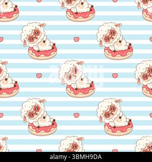 Seamless pattern with Cute summer Sheep with sunglasses floats on inflatable donut on striped blue background. Cartoon Funny kawaii Farm Animal charac Stock Vector