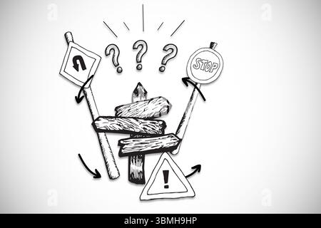 Black-and-white sketch is showing wooden signpost with traffic signs, question marks and arrows Stock Photo