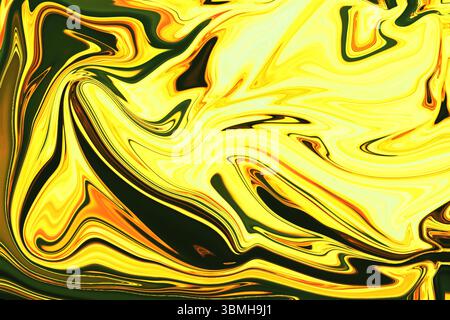 Abstract fluid art is showing swirling bright yellow orange green marbled patterns in flat design Stock Photo