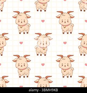 Seamless pattern with Cute Little Goat on white checkered background with hearts. Happy Cartoon Funny kawaii Farm Animal character. Vector illustratio Stock Vector