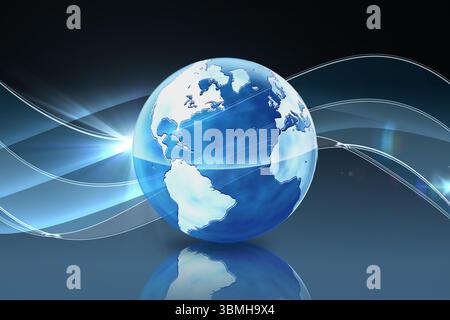 Futuristic render is showing blue Earth globe rotating on reflective floor with curved light trails Stock Photo