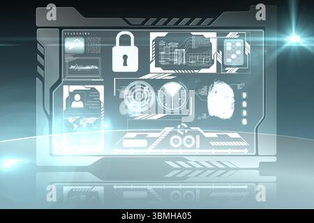 Interface is floating, reflecting padlock fingerprint charts, blueprints and laptop icons Stock Photo