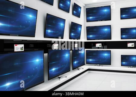 Flat design illustration is featuring TVs mounted on white walls and shelves over glossy floor Stock Photo