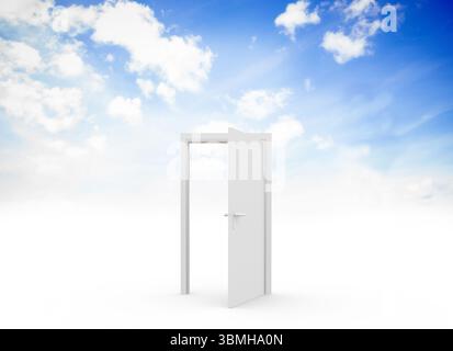 White door frame is opening onto bright blue sky in flat design, merging ground with clouds Stock Photo